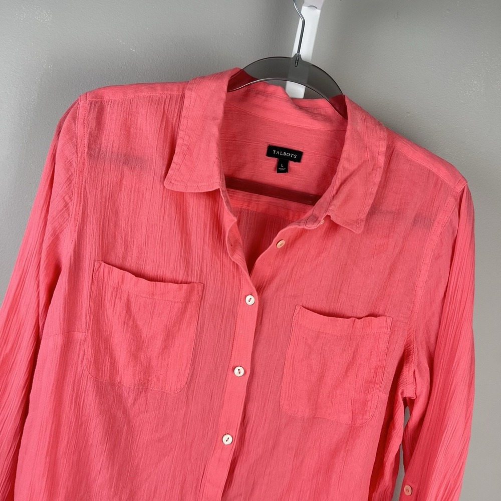 Talbots Gauzy Shirt Womens L Coral Roll Tab Sleeve Button Up Coastal Preppy